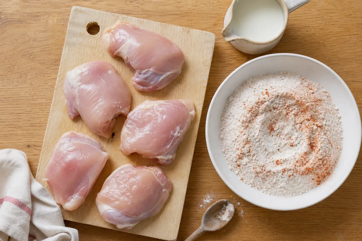 Hauts de cuisse de poulet crus disposés sur une planche en bois clair à côté d&rsquo;un bol de farine assaisonnée
