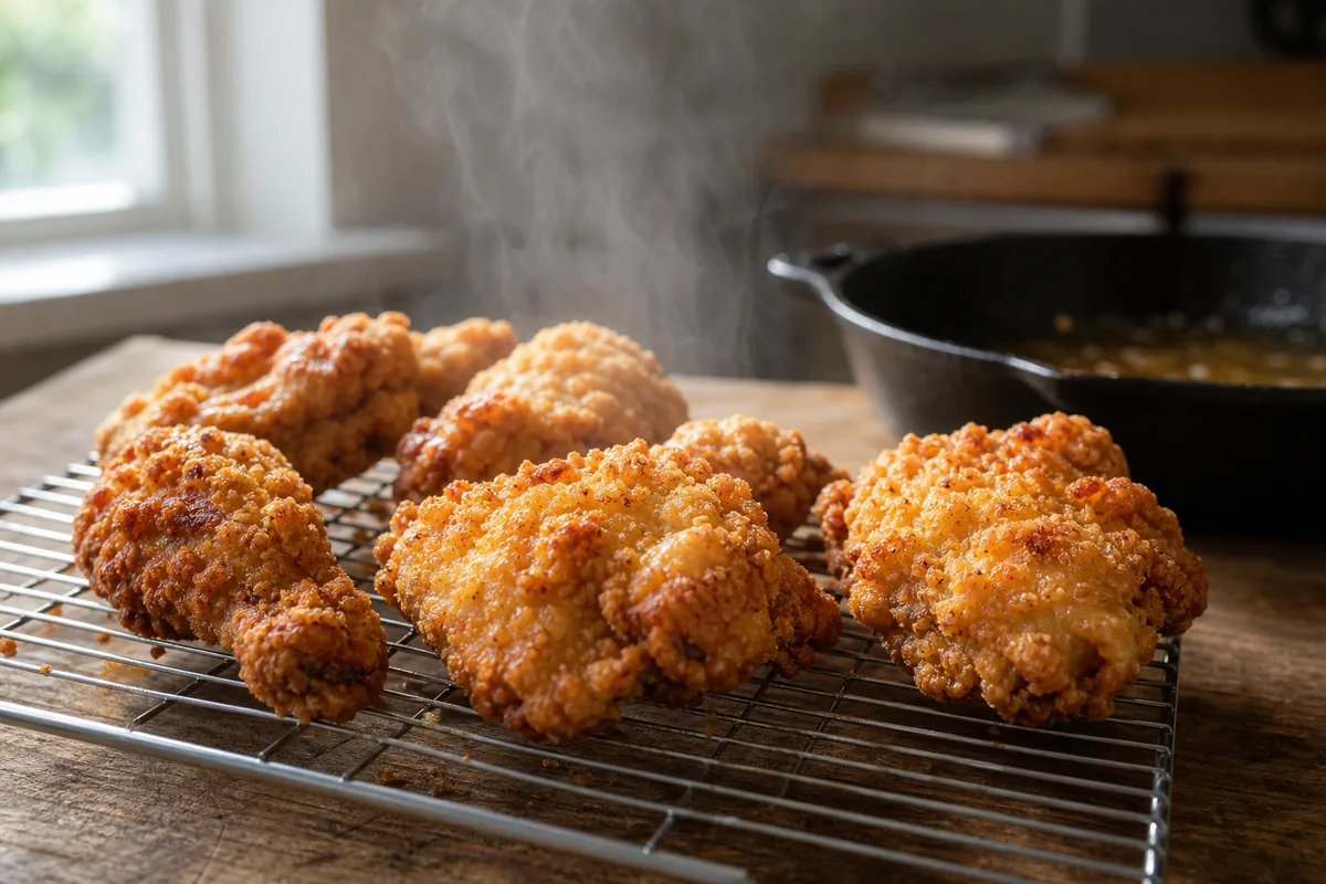 Morceaux de poulet pané doré égouttant sur une grille métallique au-dessus d&rsquo;un plan de travail en bois