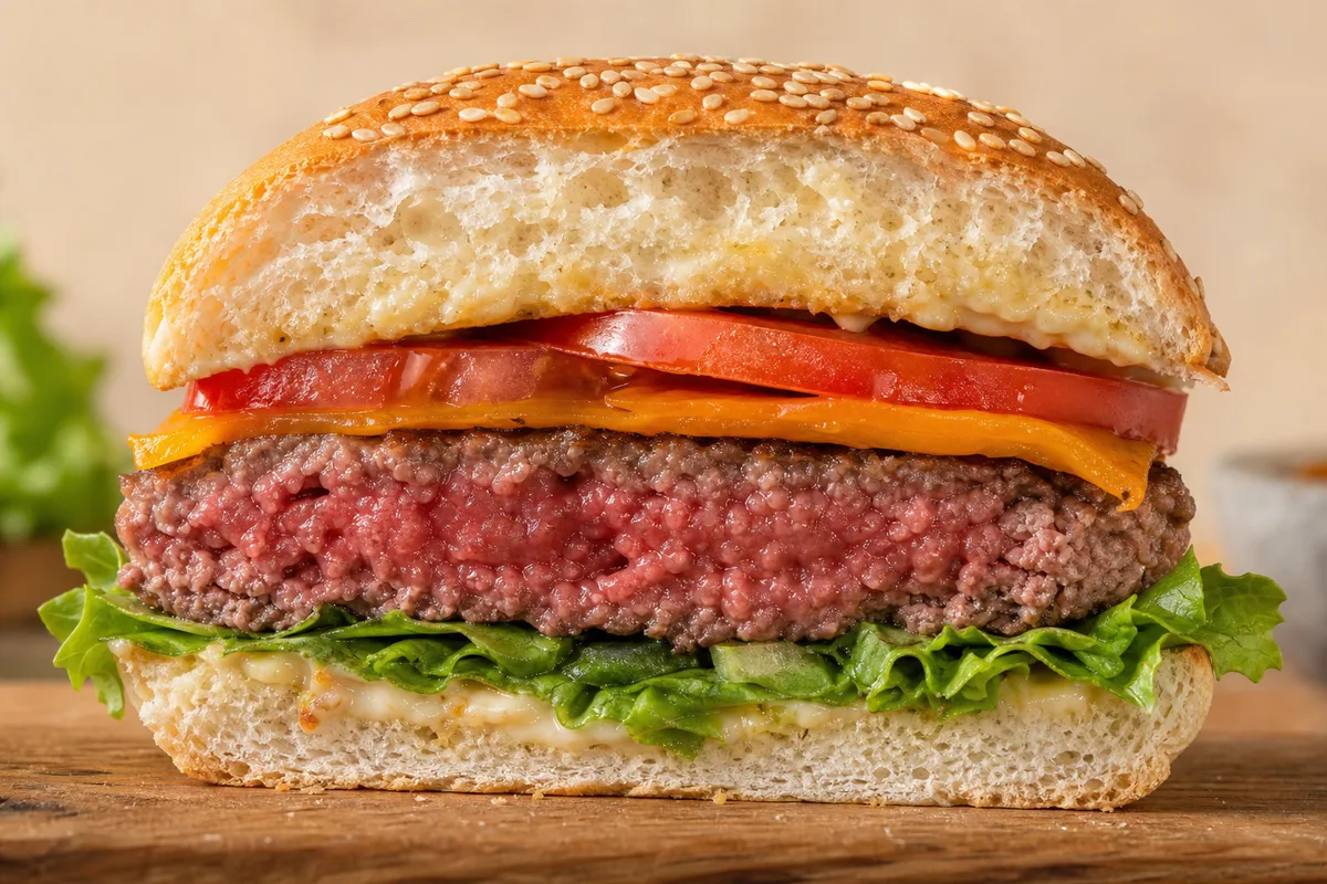Burger classique posé sur une planche en bois, vue rapprochée du pain, du steak et de la salade