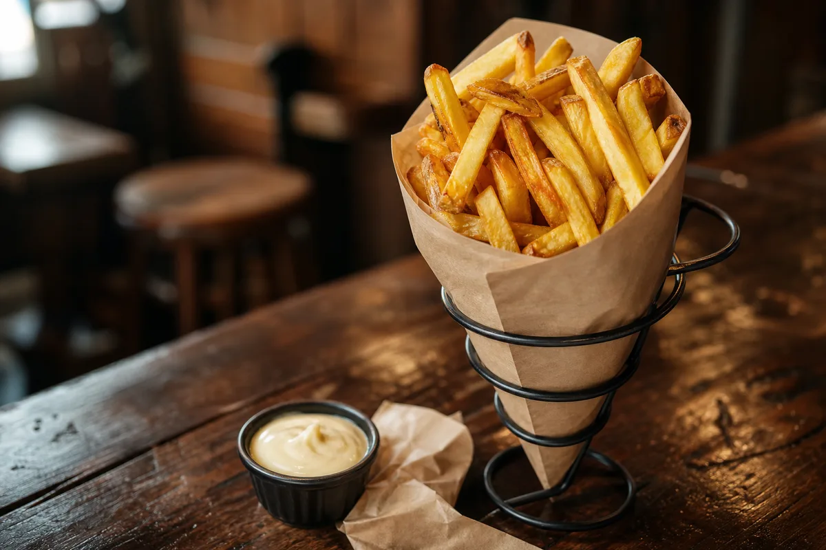 Plateau de frites dorées dans un cornet en papier kraft sur une table de bistrot
