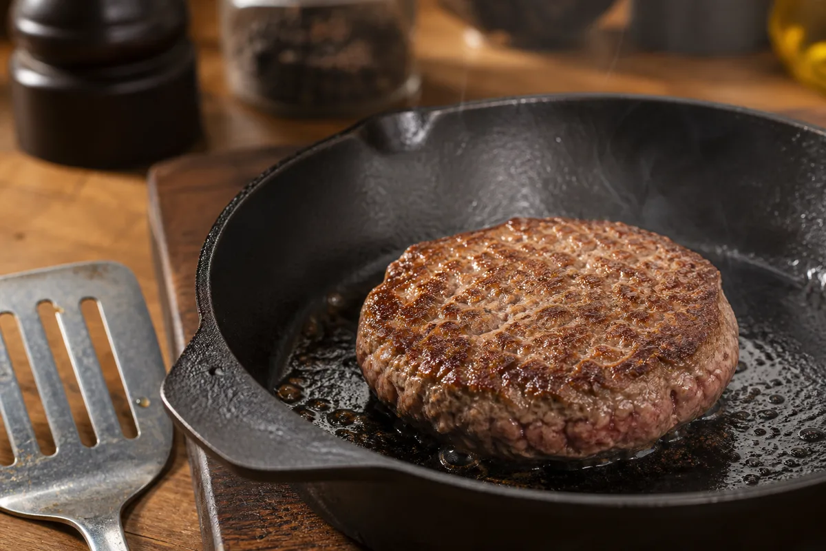 Steak haché en cuisson dans une poêle en fonte, croûte dorée en formation