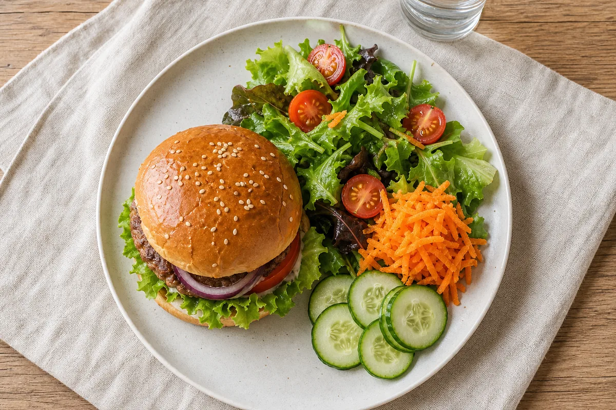 Burger accompagné d&rsquo;une salade fraîche et de crudités colorées sur une assiette claire