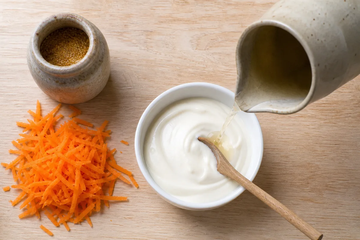 Bol de sauce crémeuse fouettée à la cuillère à côté de carottes râpées orange vif