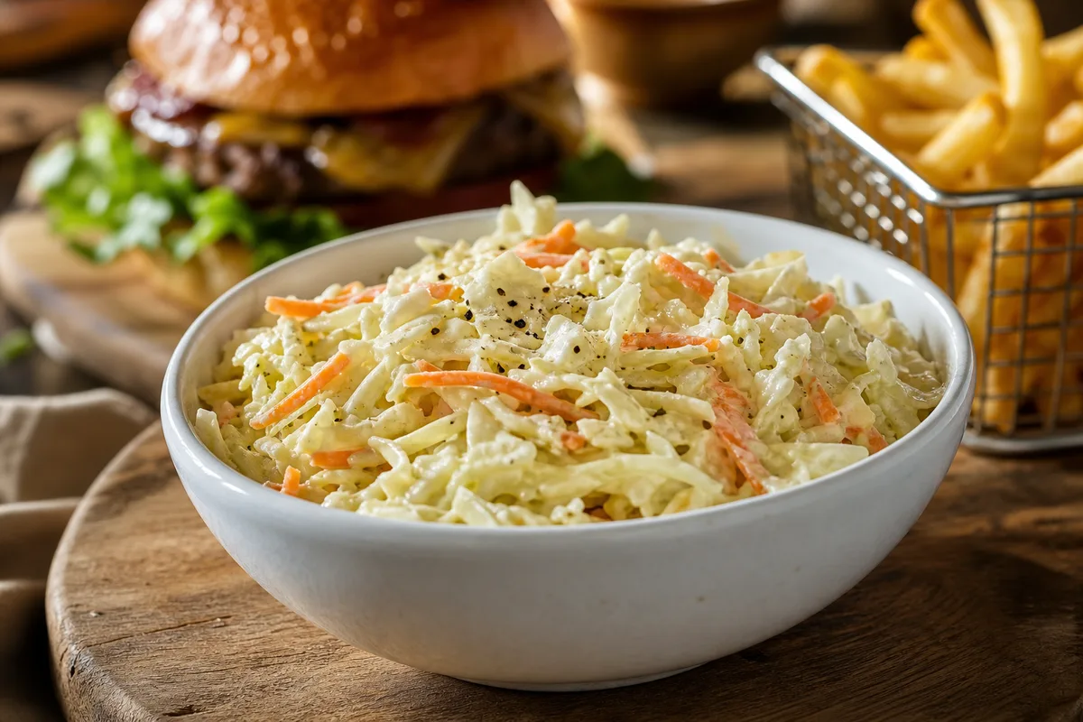 Coleslaw crémeux dans un bol en céramique blanche posé sur une planche en bois brut