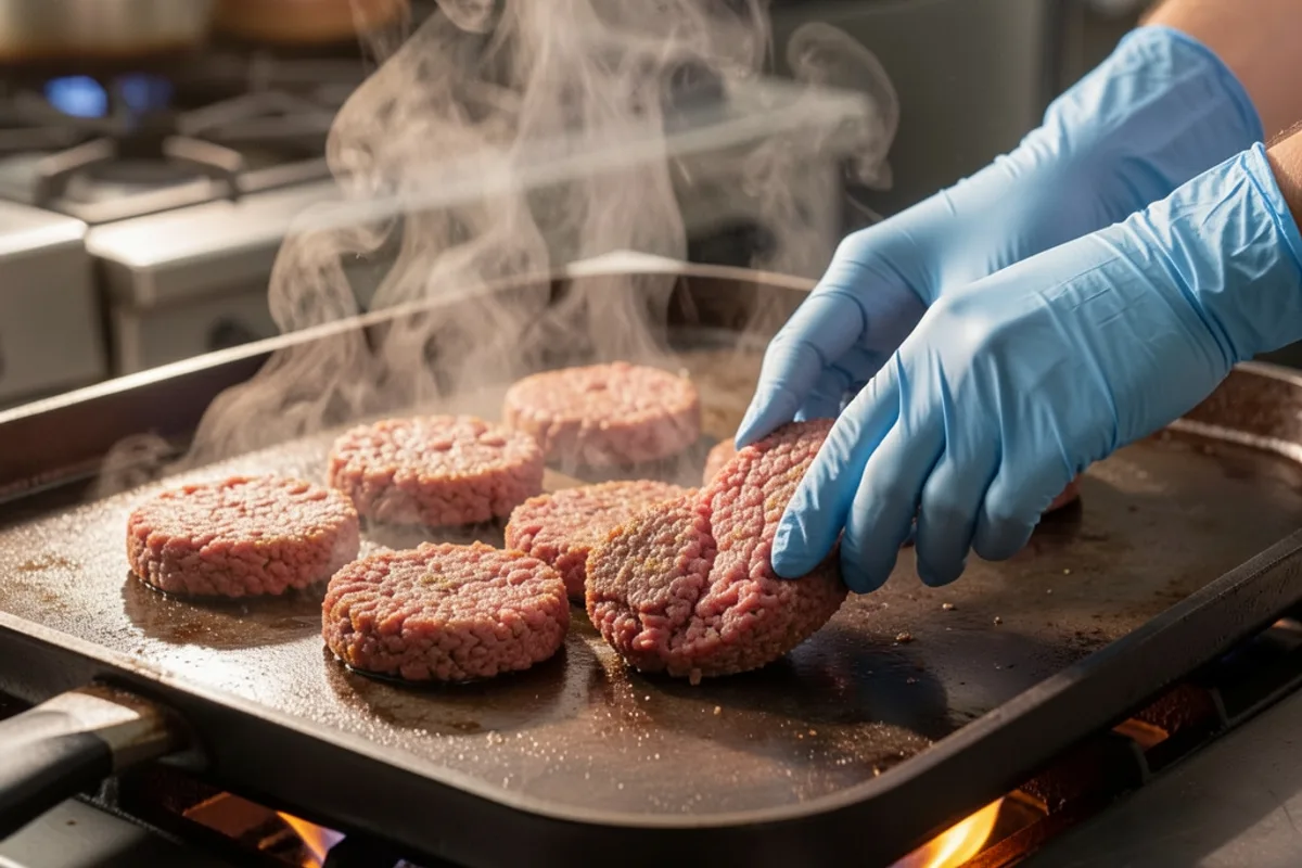 Mains gantées disposant des steaks hachés sur une plancha fumante