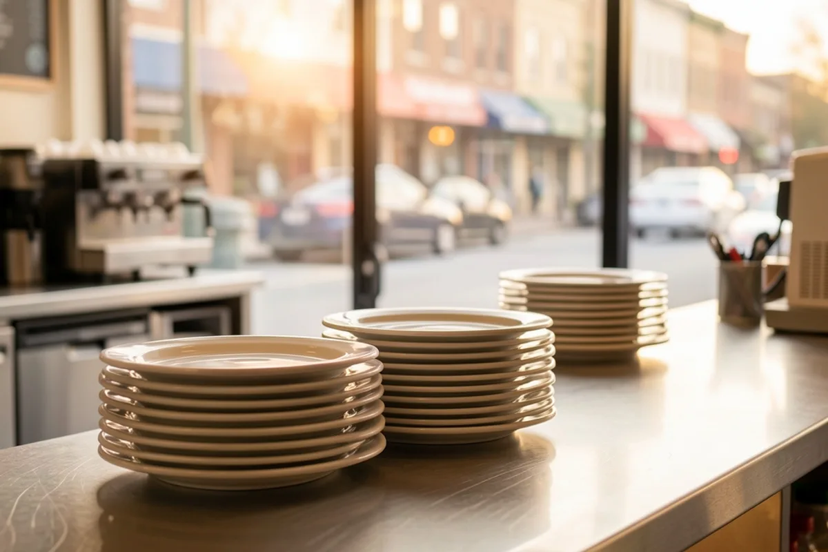 Comptoir de commande d’un fast-food vu de l’intérieur avec plateaux vides empilés