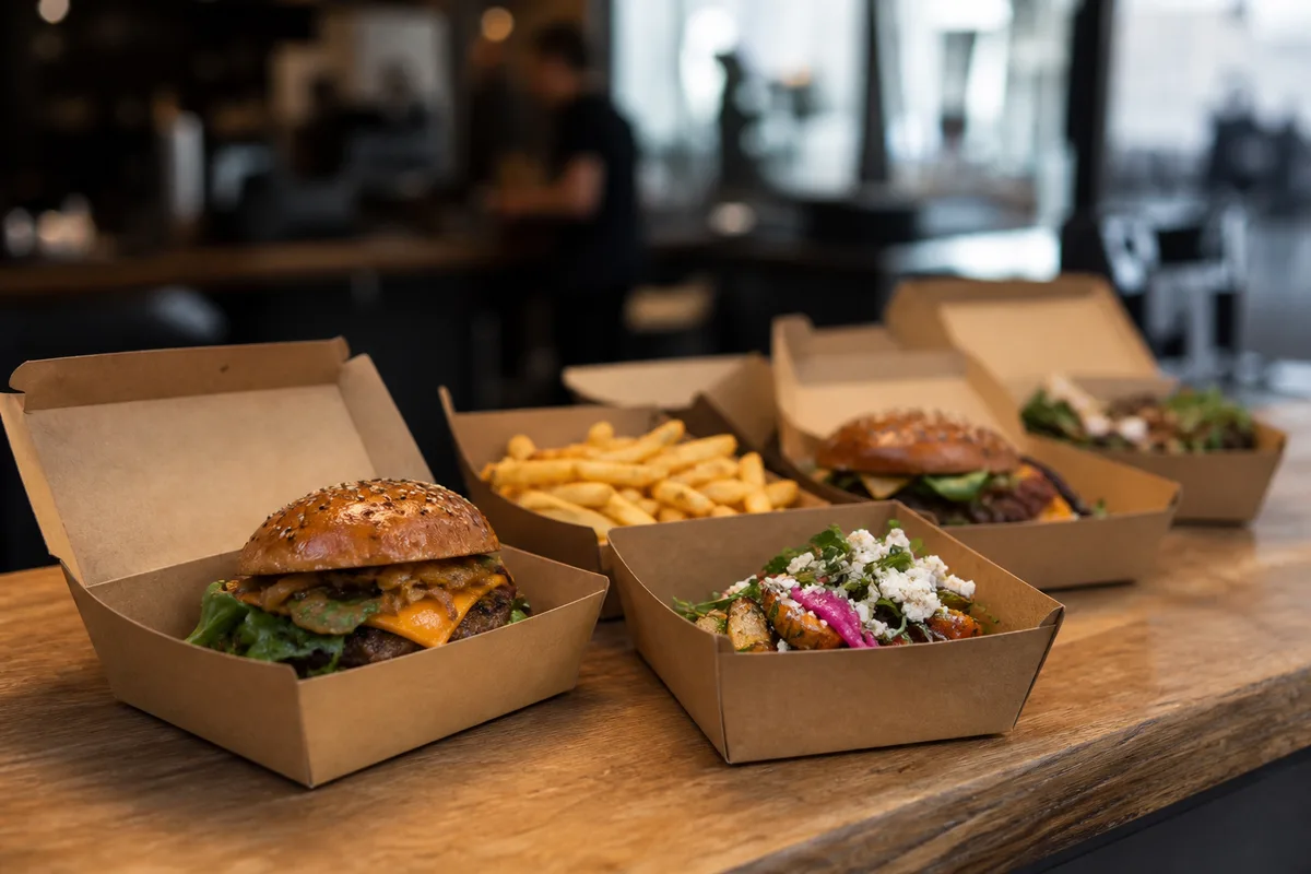 Comptoir de restauration rapide urbaine avec plats servis en boîtes cartonnées