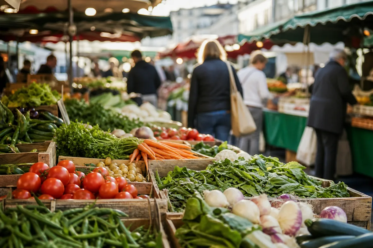 Marché urbain animé avec étals de produits frais et clients en fin de matinée