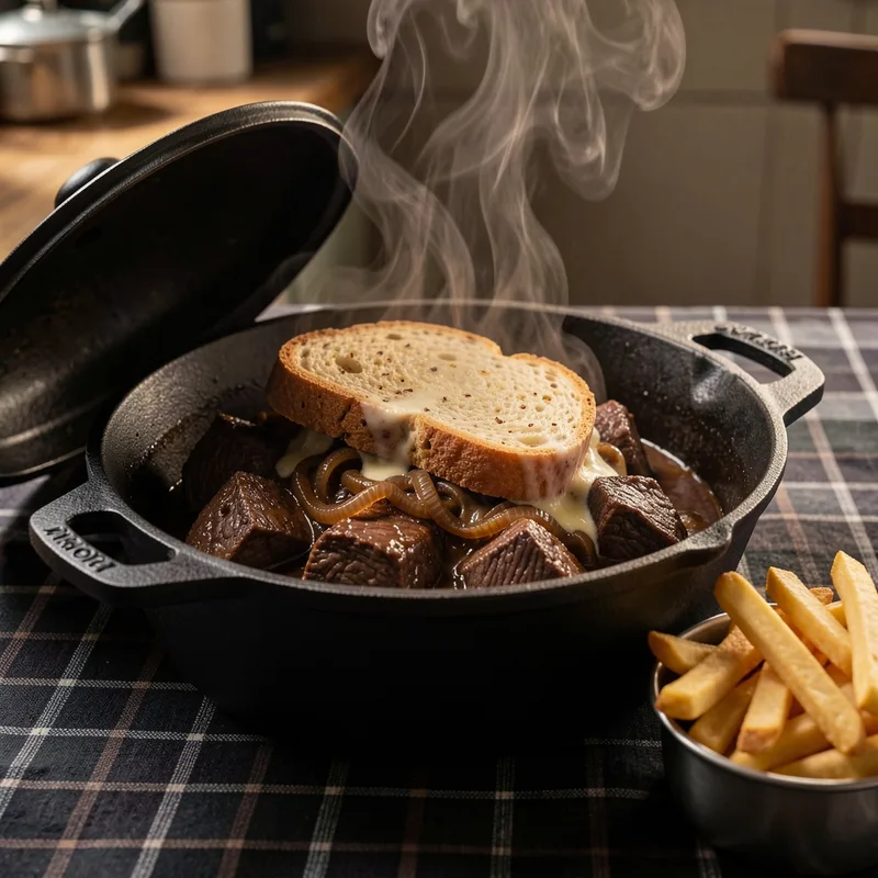 Ragoût de bœuf mijoté à la bière brune servi dans une cocotte en fonte avec des frites