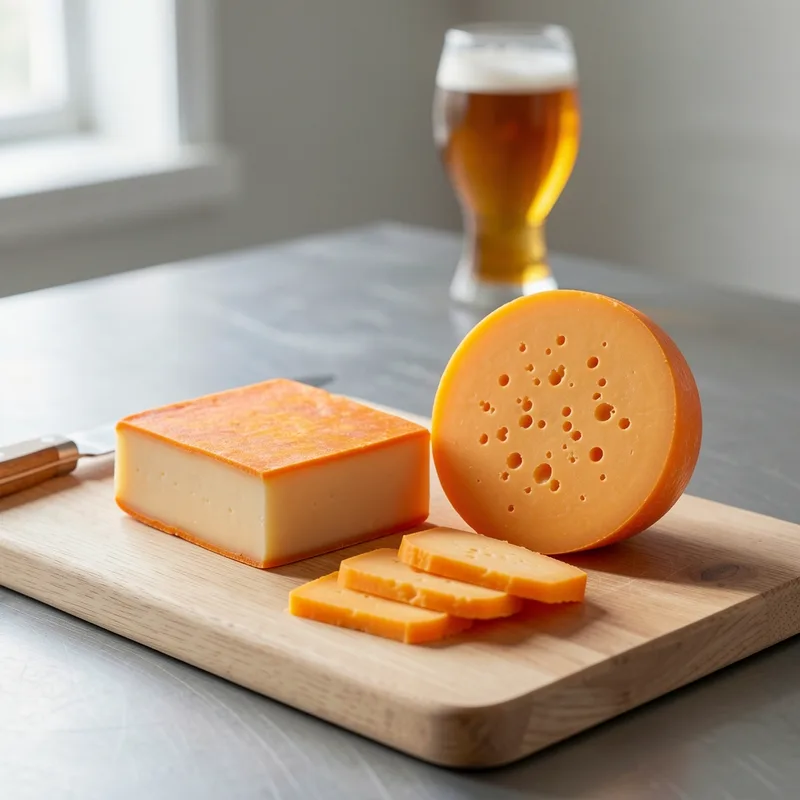 Planche de fromages du Nord avec pavé à croûte orangée, boule de mimolette et verre de bière ambrée