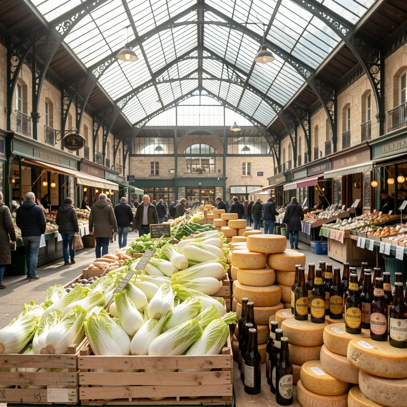 Étal de marché couvert avec chicons, fromages régionaux et clients en fin de matinée