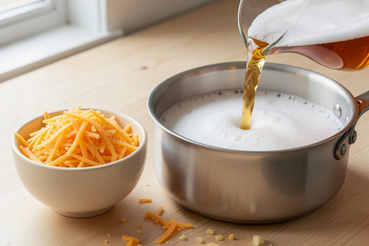Cheddar râpé dans un bol en céramique et bière ambrée versée dans une casserole en inox