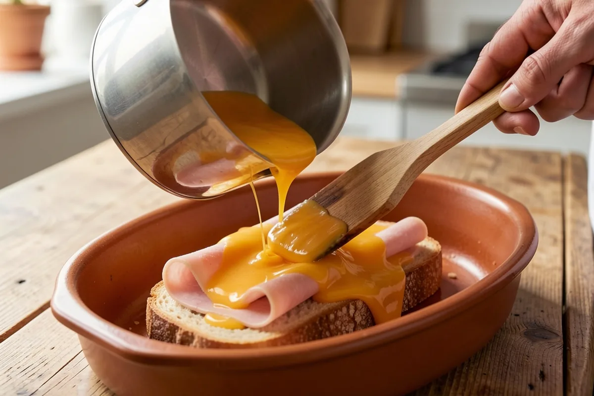 Mains nappant une tranche de pain et une tranche de jambon de cheddar fondu dans un plat à gratin