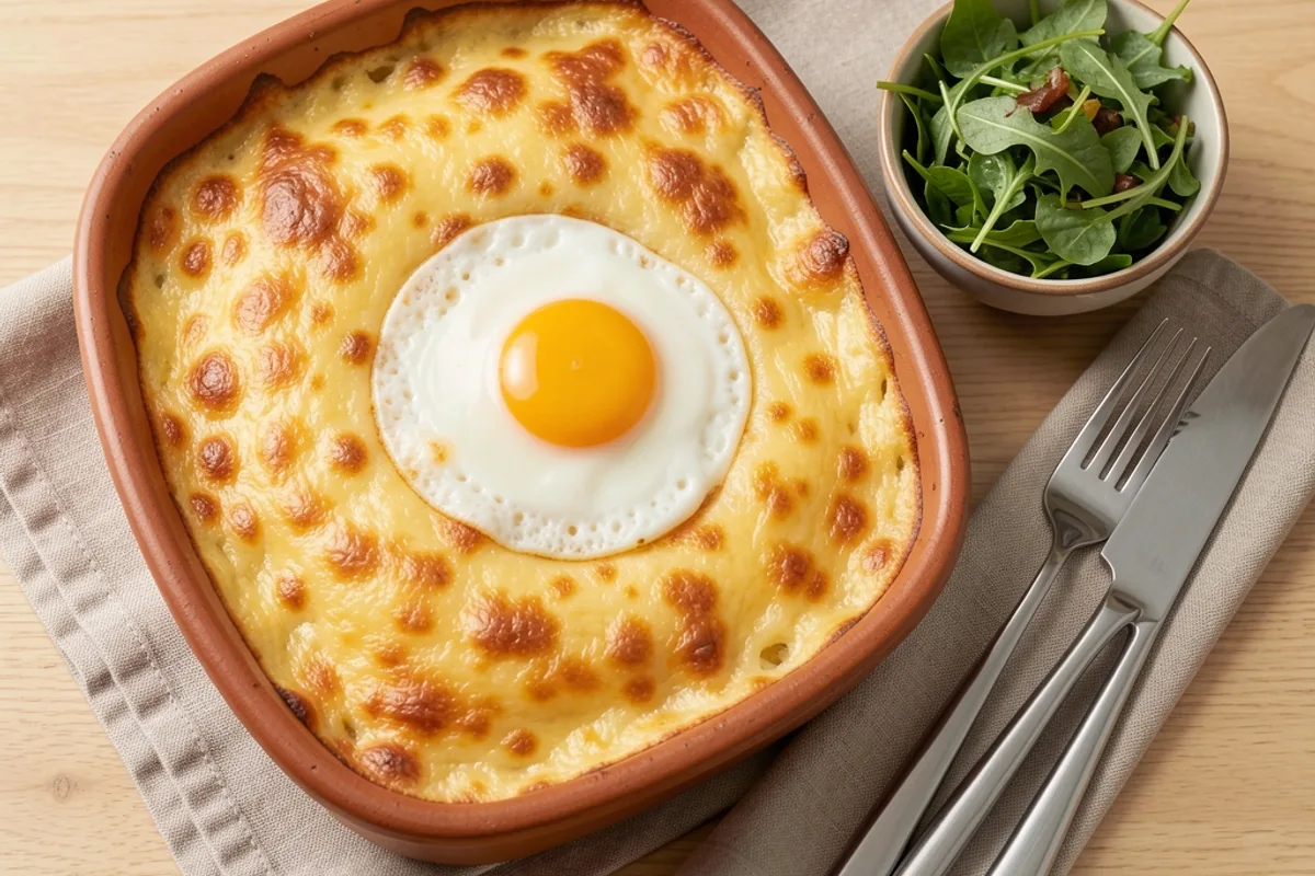 Welsh complet avec un œuf au plat, salade verte et vue plongeante sur une table en bois