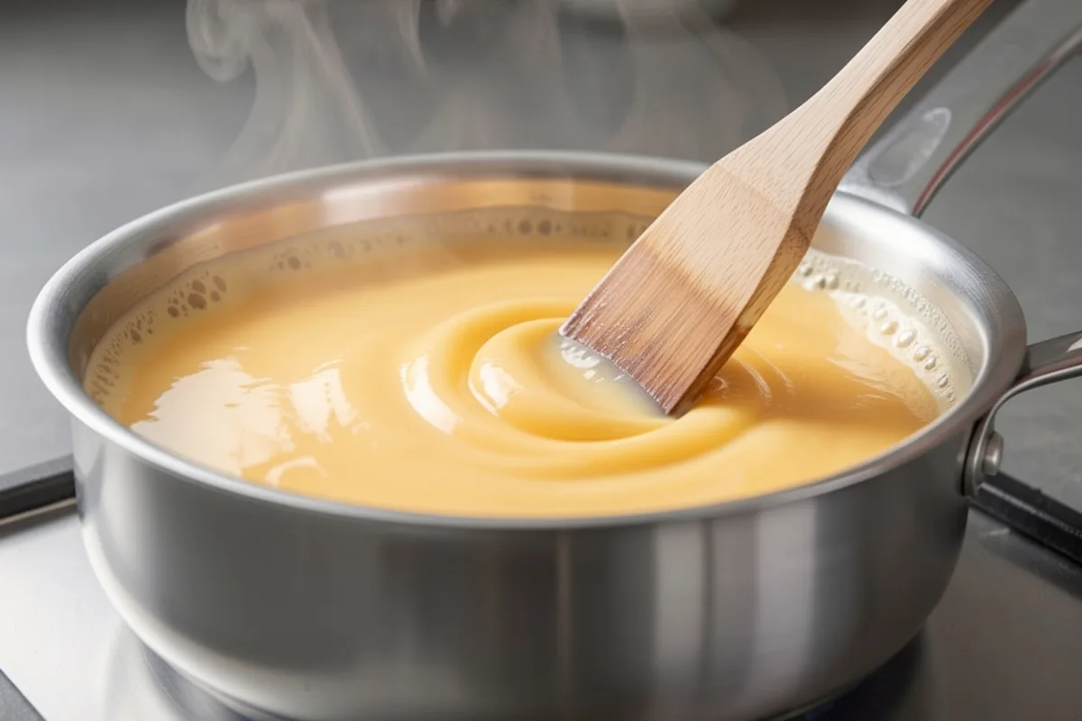 Casserole de cheddar fondu lisse et brillant remué à la spatule en bois